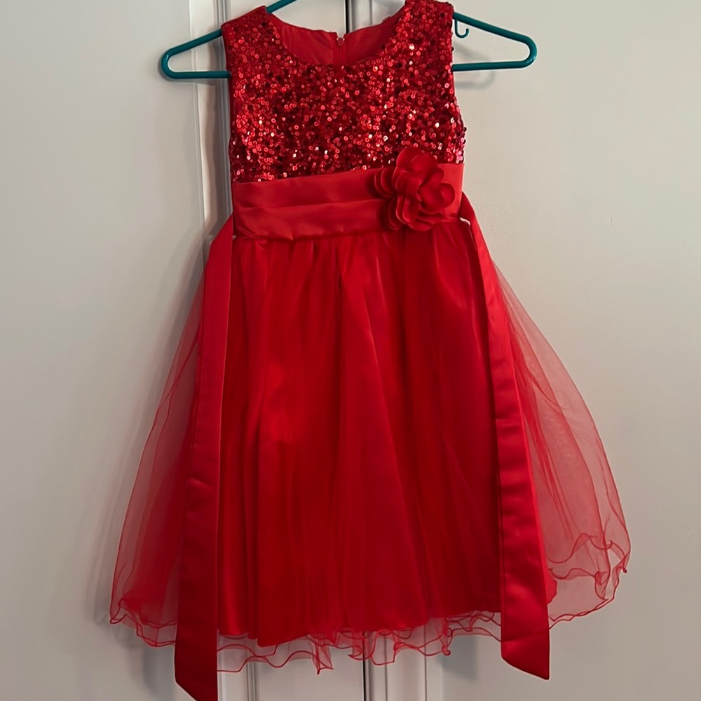 Red dress with sequin top and tie sash